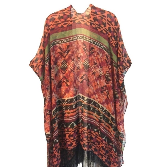 SWIM sheer cover/shawl/scarf fringed in southwest print OS - Picture 3 of 7